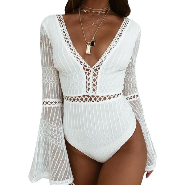 

summer lace bodysuit women deep v -neck flare sleeve playsuit rompers ladies backless casual jumpsuits hollow out bodysuit breathable, Black;white