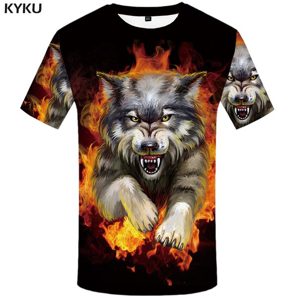 

kyku wolf t-shirt men flame tshirt aggressive anger shirts 3d t shirt hip hop tee animal mens clothing 2018 summer casual, White;black