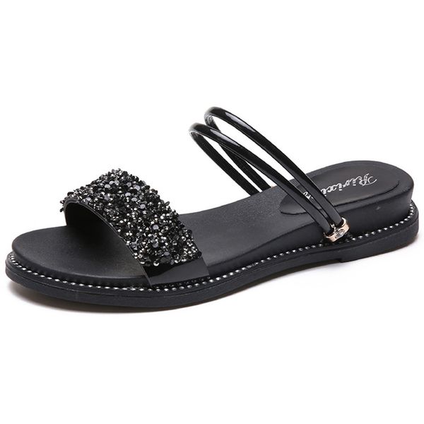

two wear sandals women fashion sequins anti-skid flat sandals women students wild one-line large size shoes, Black