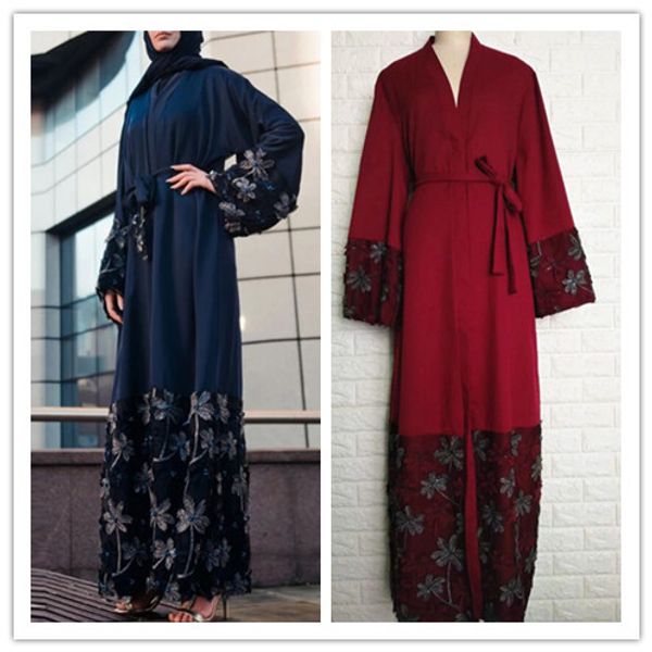 

factory price muslim women solid color kimono with belt dubai women patchwork lace open abaya s-2xl, Red