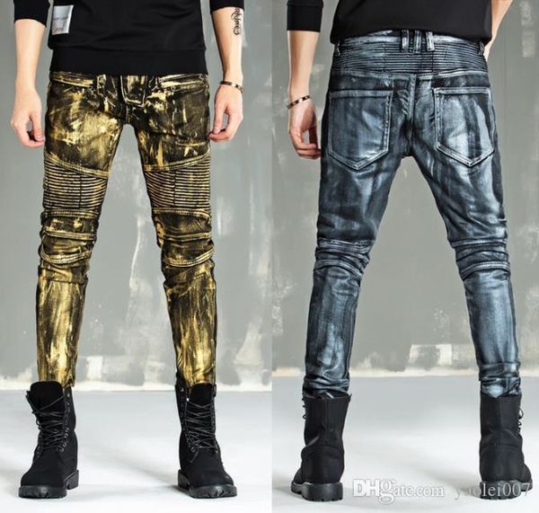 

designer mens jeans european american style motorcycle pants printed gold and silver coated zipper folds slim jeans, Blue