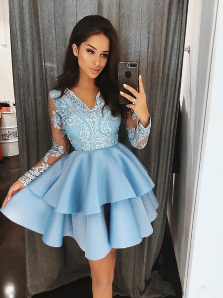 

light blue v neck lace a line prom dresses long sleeves applique tiered layers short party cocktail homecoming dresses, White;black