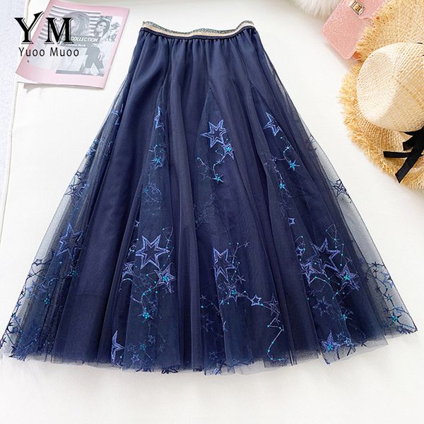 

yuoomuoo quality embroidery star decoration lace mesh skirt 2019 summer elegant pleated skirt women high waist tulle midi, Black
