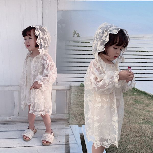 

белый хлопок девушки пальто детские кружева вышивка уф защита длинные пиджаки дети детская куртка с капюшоном кардиган от 2 до 8 лет w53180, Blue;gray