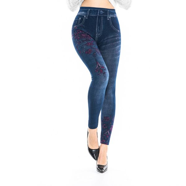 

women's leggings red flower imitation denim slim piece legginsy nine legging plus size pants capris, Black