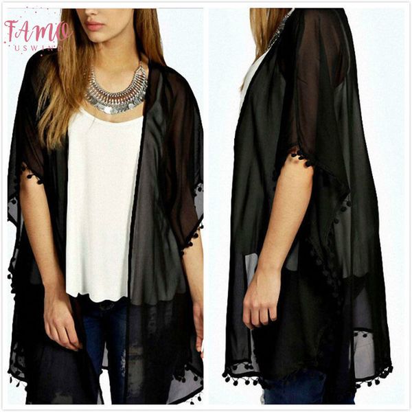 

2020 summer women kimono cardigan chiffon tassel blouses shirts long beach cover up applique shirt black blouse dropshipping, White