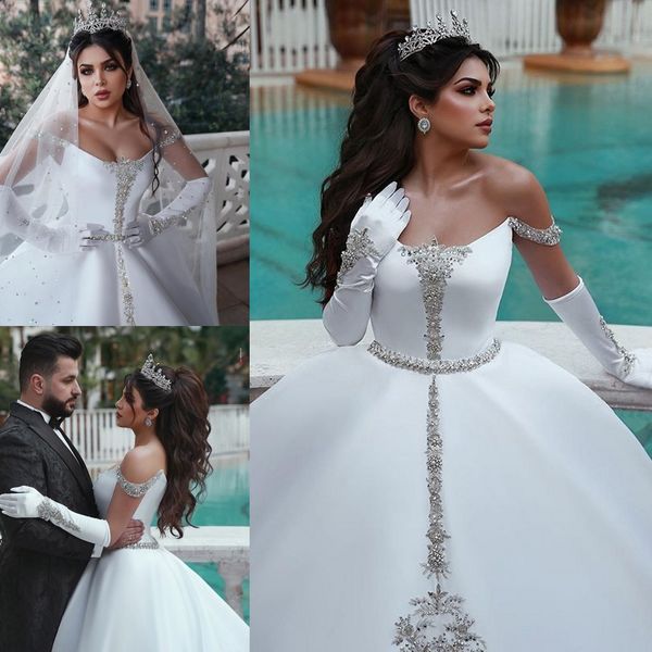 

2020 satin ball gown wedding dresses off shoulder crystal beaded belt sash bridal gown ruffle custom made white robes de mariÃ©e