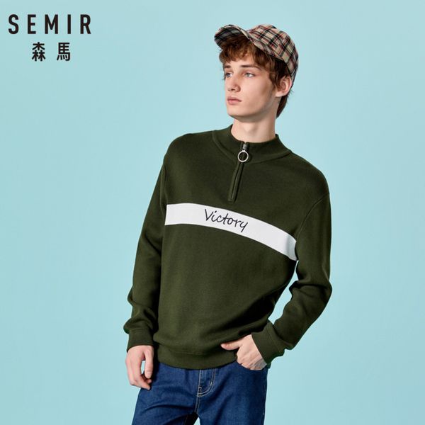 

semir men color block ribbed knit sweater with zip men's stand-up collar sweater ribbing at cuff and hem streetwear for autumn, White;black