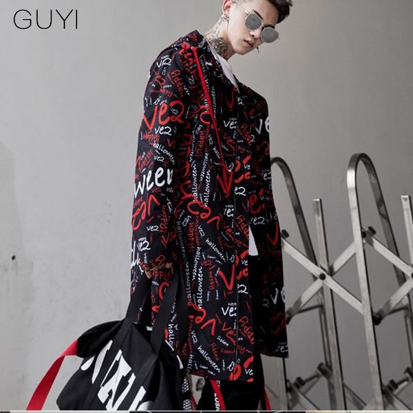 

hip hop letter print hooded ribbons jacket coat trench for men gothic punk long male cloak overcoat mens streetwear windbreaker, Tan;black