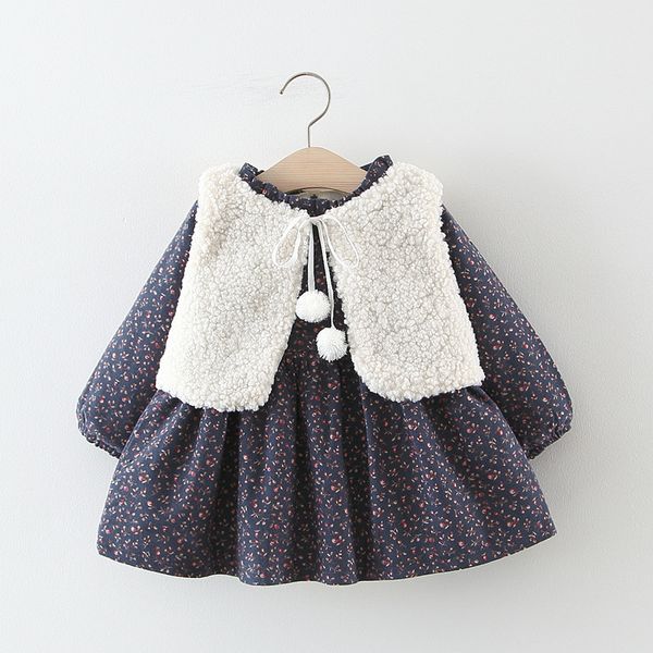 

girls sets small flower printed velvet dress with vest 2020 winter children's clothing wholesale, White