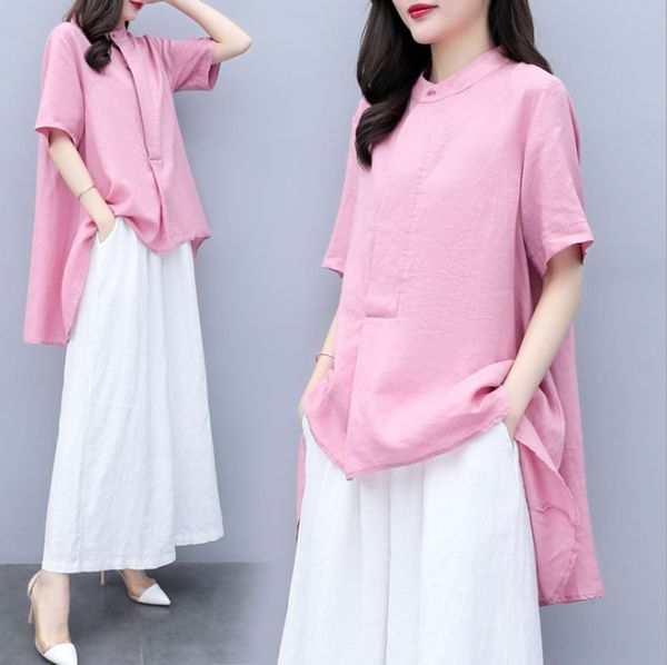 

summer new style korean version of irregular cotton and linen set loose + slim large size wide leg pants two piece set, White
