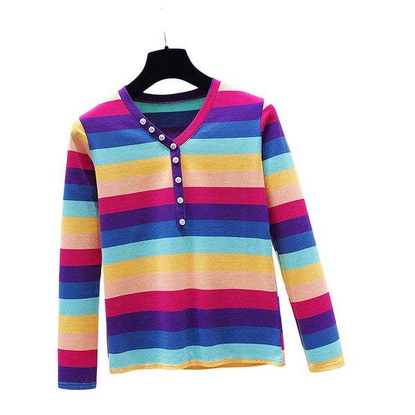 

весна осень корейской версии v шеи длинным рукавом футболка для женщин блуза топ fit радуга stripes хлопок майка женский, White