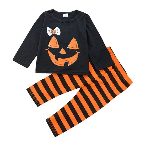 

2019 autumn and winter new children's clothing set newborn halloween black pumpkin ttshirt +striped pant two-piece set, White
