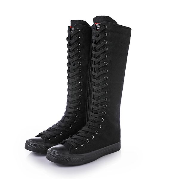 

women canvas boots high spring autumn flat shoes woman lace up zipper long boots girls fashion sneakers female casual, Black