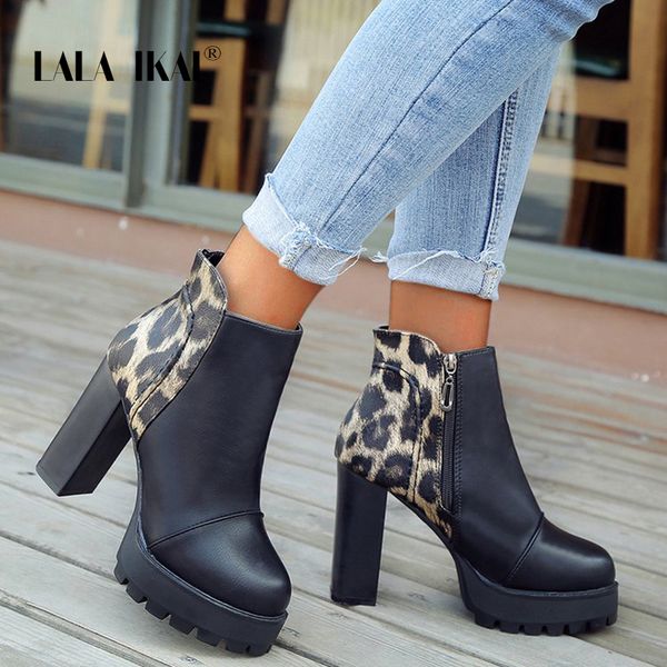 

lala ikai 2019 new shoes women winter pu leather ankle boots waterproof zipper high heels round toe ladies shoes xwc6499-4, Black