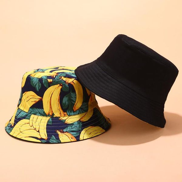 

men women vacation portable soft dual use bucket hat casual cotton blend outdoor beach fruit printed travel protection fashion