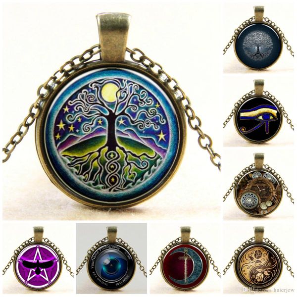 Pingentes de colar Vintage imagem da árvore da vida árvore cabochões de vidro colar de corrente de bronze antigo moda jóias Lindamente colares de corrente