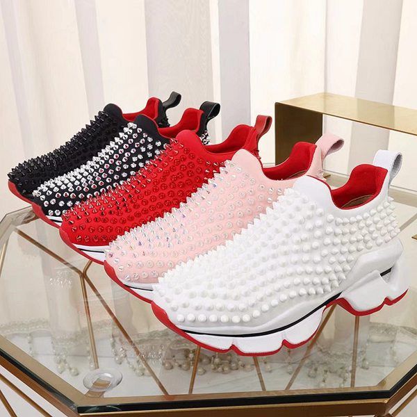 

2019 arrival kry tal pike ock donna flat neaker de igner luxury men red bottom hoe women rivet piky ock junior pike flat hoe