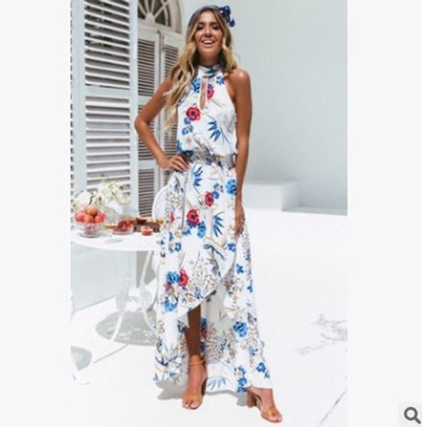 

vacation beach dress strapless halter flower dress print waist dress, Black;gray