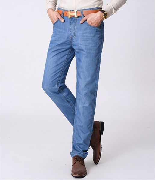 

new arrivals jeans men quality brand business casual male denim pants straight slim fit dark blue men's trousers young man