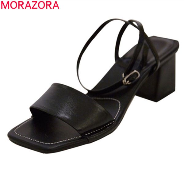 

morazora 2020 new women sandals genuine leather buckle simple party shoes thick heels square toe women pumps, Black
