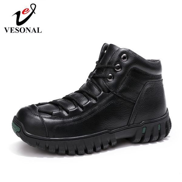 

vesonal 2019 autumn classic winter genuine leather ankle men boots snow shoes fur plush warm male casual boot sneakers footwear, Black