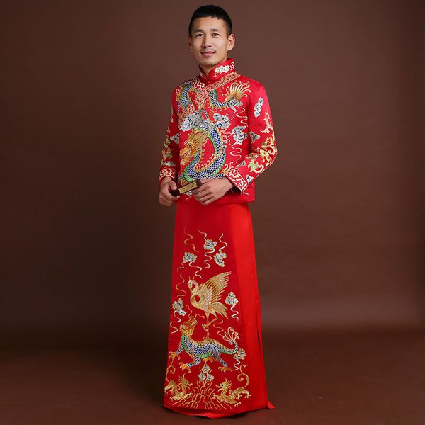 

formal long robe tang suit men's vintage hanfu chinese style tang suit wedding clothes embroidery robe mariage peignoirs costume, Red