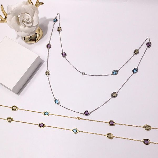 

foreign trade jewelry copper inlaid artificial crystal color necklace irregular cut long necklace girl sweater chain birthday gift