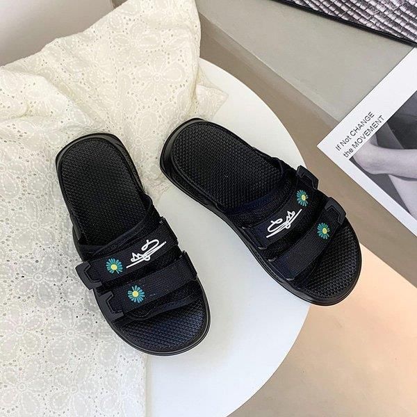 

slippers casual female shoes slides low multicolored sandals luxury soft 2020 flat floral fashion rome pu mixed colors rubber c14, Black