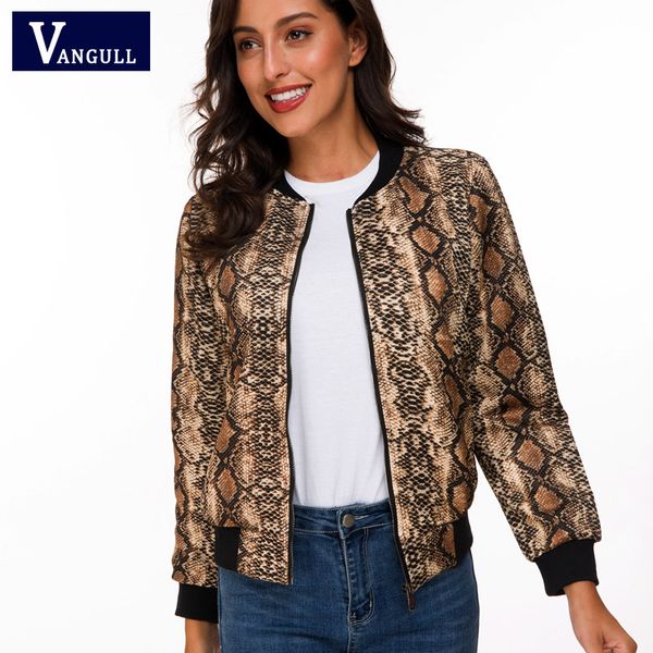 

vangull snake skin print zipper closure sreetwear women jackets 2019 brand spring new long sleeve casual baseball jackets, Black;brown
