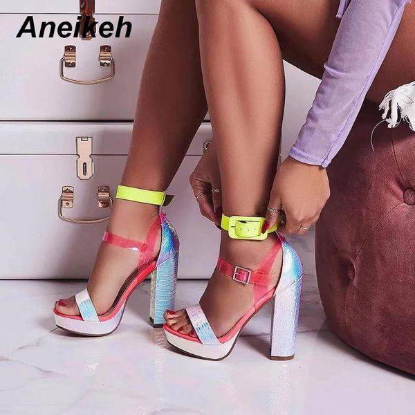 

aneikeh summer 2020 classic pvc print 14cm ultra high heels sandals for women platform open toe shoes woman rome sanda, Black