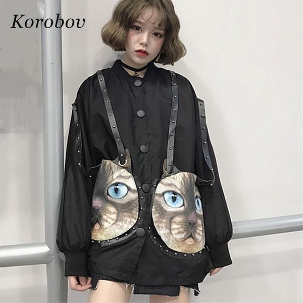 

коробов harajuku повседневный сыпучие кошки pattern куртка мода женщины-стрит outwears 2018 новый auttum карманы buttons ветровки 76026, Black;brown