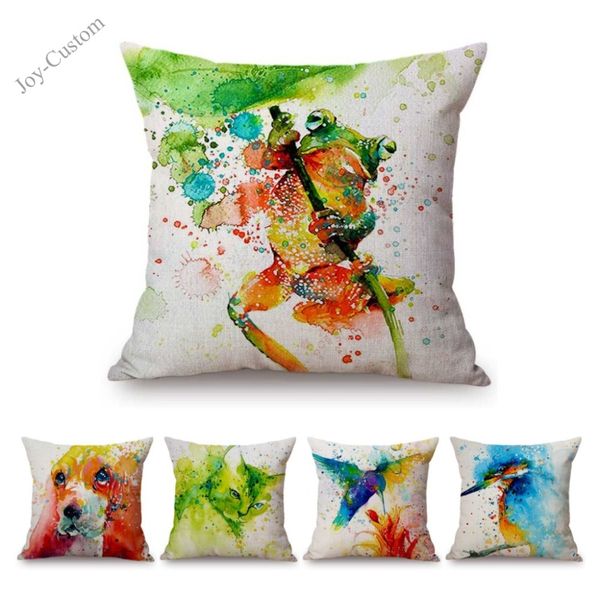 

animal watercolor ink splash art cat dog frog birds home decorative pillow cotton linen kids' room decoration cushion cover case