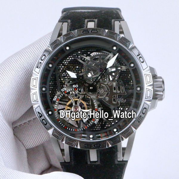 

new excalibur 46 7o'clock tourbillon rddbex0549 automatic mens watch titanium steel case black skeleton dial rubber watches hello_watch, Slivery;brown