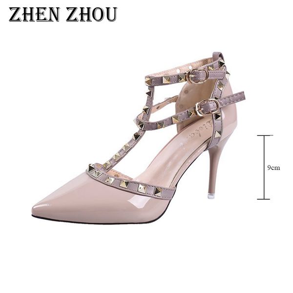 

2018 summer and autumn nude color rivet high heeled single shoes pumps sandals ankle strap hollow out baotou women's shoes, Black