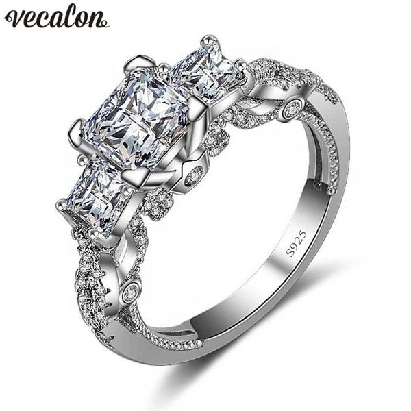 Vecalon romântico vintage anel fêmea de três pedras diamante cz 925 esterlina anel de banda de casamento de casamento de prata para mulheres
