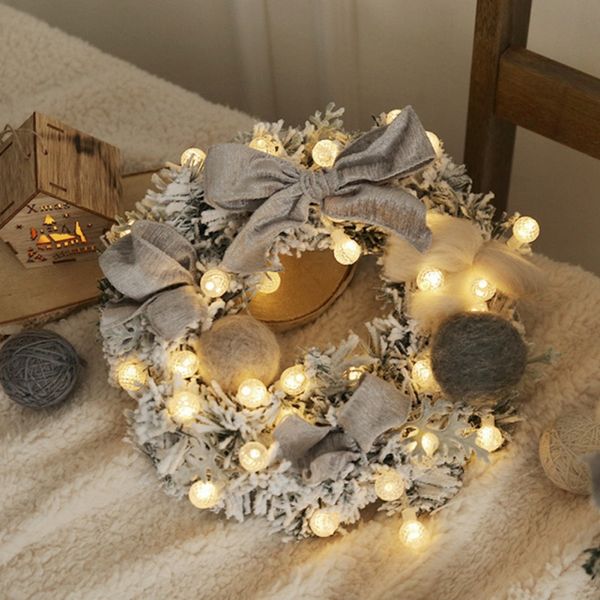 

christmas wreath with led string light bowknot and plush balls decorated garland for front door window wall hanging decor