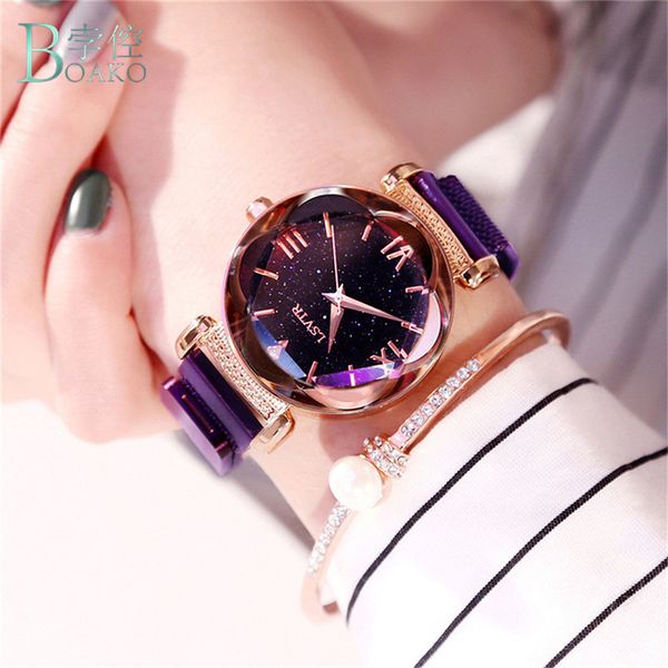 

luxury rose gold women watches minimalism starry sky magnet buckle fashion casual female wristwatch waterproof roman numeral, Slivery;brown