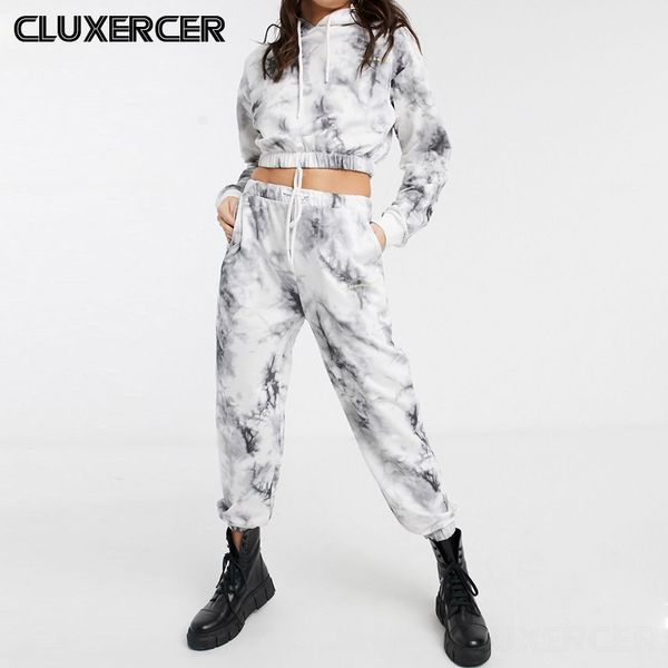

2020 new spring autumn vintage women print tracksuit set casual short hooded sweatshirt + sport pant lady two piece set, White