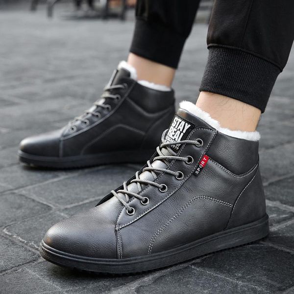 

winter ankle boots men warm snow boots male comfortable flats shoes fashion short plush sneaker leather, Black