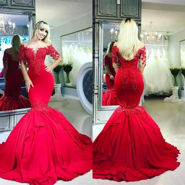 

dubai red mermaid prom dresses long sleeves appliques jewel sheer neck formal party gowns robe de soiree 2020 cheap, Black