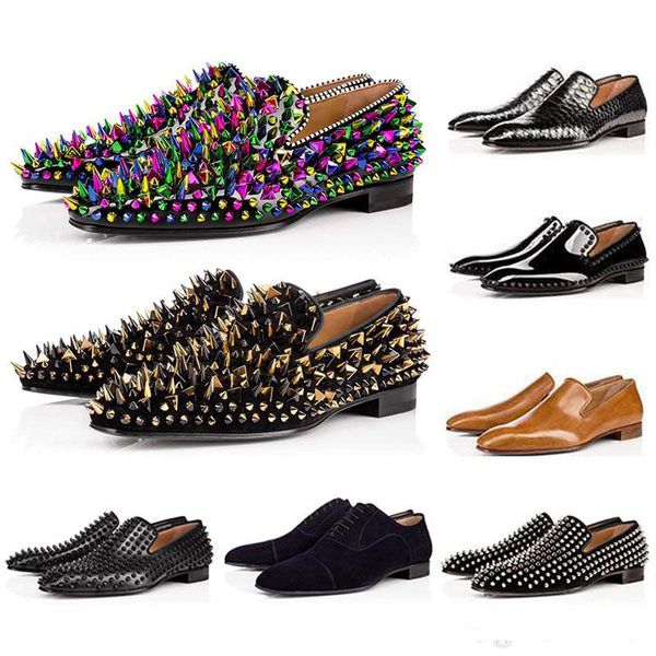 

new mens red bottom dandelion spikes shoes designer greggo orlato flat shoes black patent leather sude velvet loafer party dress shoes