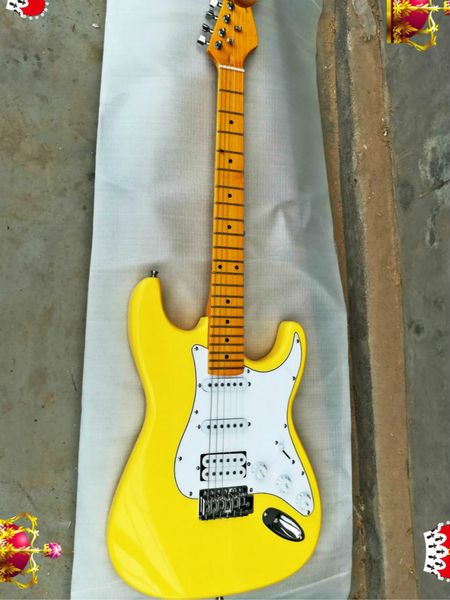 Hoge kwaliteit FDST-1055 gele kleur solid body met witte slagplaat esdoorn toets elektrische gitaar, Gratis verzending