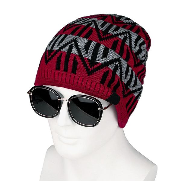 

men winter outdoor wavy stripe fleece lined beanie skull cap warm knitted hats