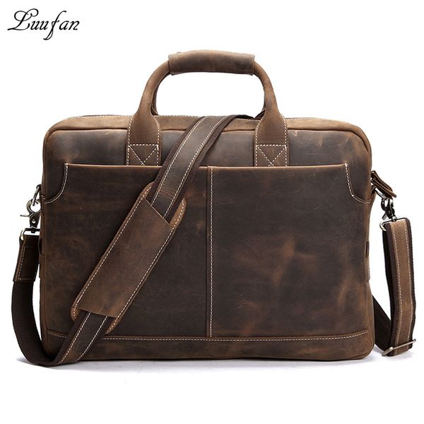 

men business briefcase crazy horse genuine leather shoulder portfolio lapbag fashion document bag cow leather office handbag