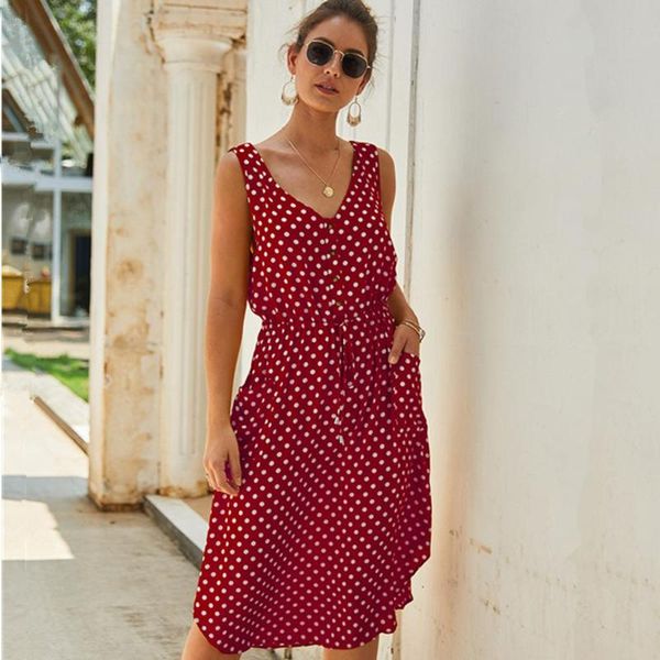 

2020 summer dresses, womens summer dresses, polka dot sleeveless pleated elastic waist v neck dresses, Black;gray