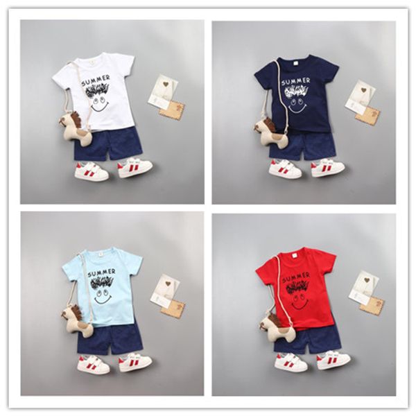 

boy short sleeve cotton cartoon round neck letter print t-shirt and short trousers suits children summer popular trend clothing set, White