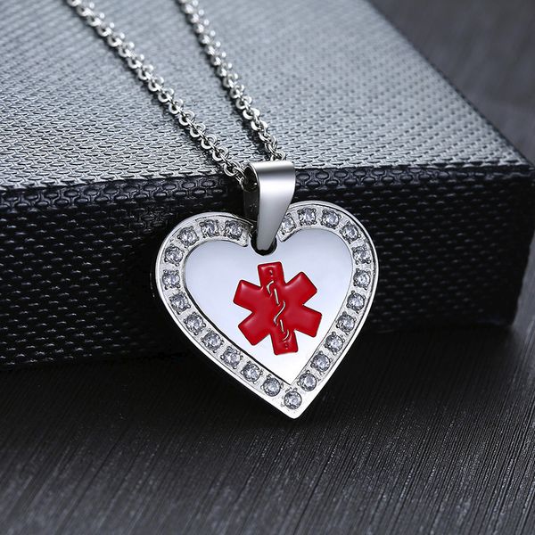 

medical alert heart pendant necklace with crystal in stainless steel emergency reminder jewelry, Silver