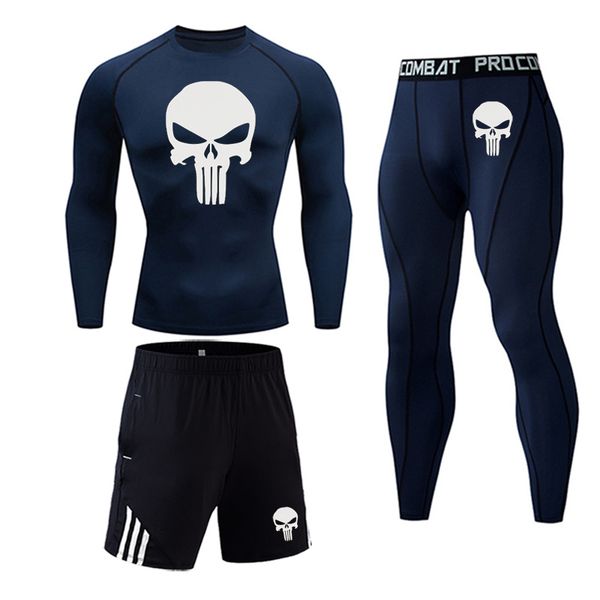 

man running clothing jogging suit tights muscle shirt gym fitness leggings sports trousers shorts 3 piece set rashgard male, Black;blue