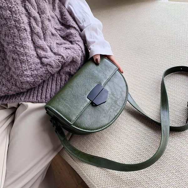 

solid color pu leather saddle messenger bags for women 2019 small crossbody shoulder bag half round female retro handbags
